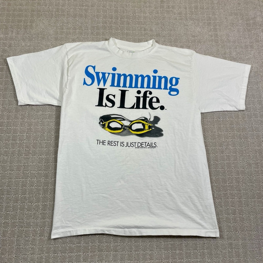 Vintage 90s Swimming Is Life Shirt XL Single Stitch USA White Big Ball Sports